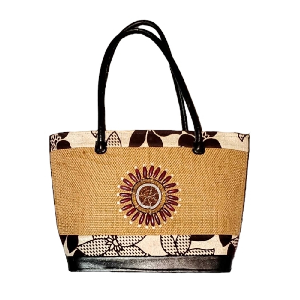 Kenyan Jute Zipper Top Handle Handbag Structured Tote Tan & Brown 12x16"